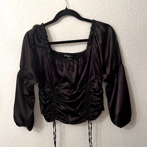 Black satin milkmaid blouse with adjustable rouching